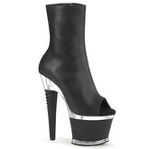 Pleaser SPECTATOR-1012 Black Pu 7 Inch (178mm) Heel, 3 Inch (76mm) Textured Platform Peep Toe Ankle Boot, Inside Zip Closure